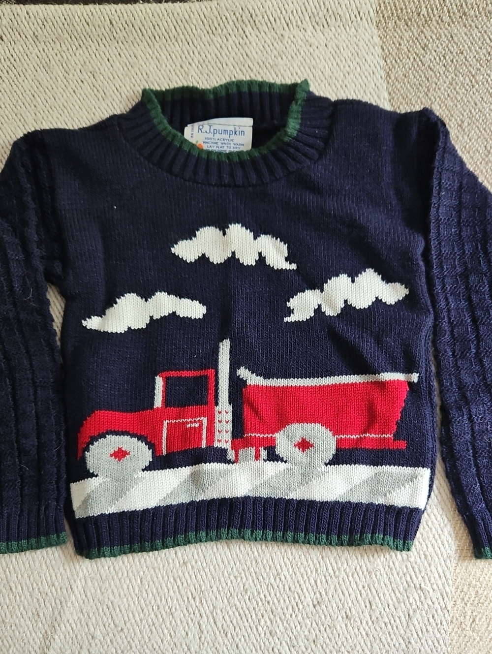 R.J. Pumpkin Navy Sweater with Red Truck Design